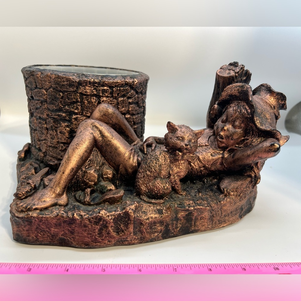 Bronze-Toned Sculpture with Relaxing Figure and Cat MCM vintage syroco planter